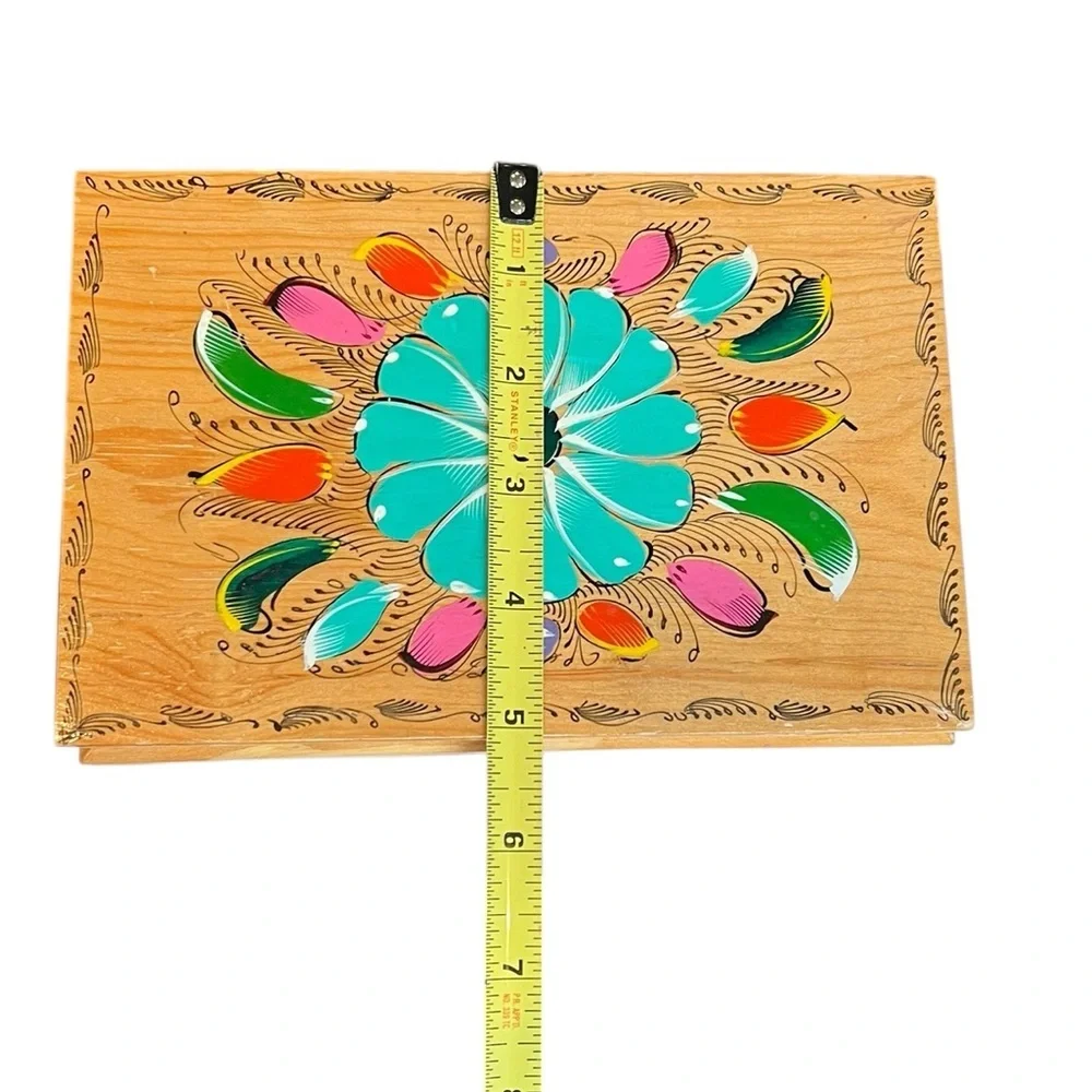 Vintage Wooden Jewelry Trinket Box Hand-painted Mexico Boho
